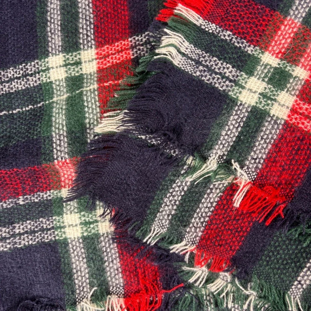 Tartan Plaid Blanket Scarf Unisex OS Navy Green Red Frayed Square Cozy Preppy